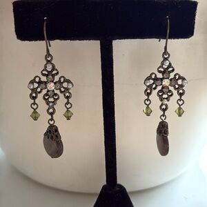 NWOT gold tone chandelier earrings cz crystals and tiger eye drop stone